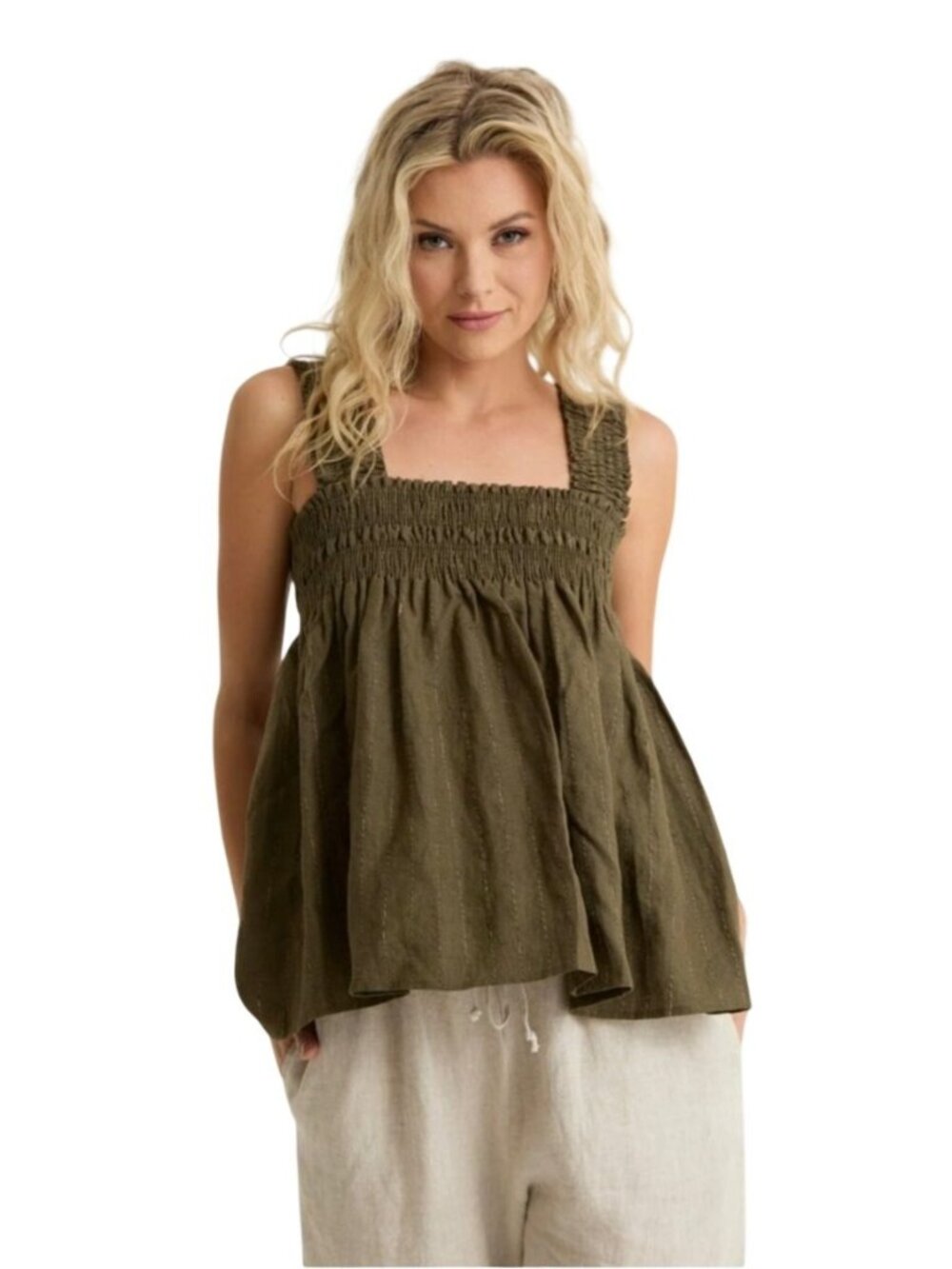 Together Womens M Smocked Tank Top 100% Linen Olive Green Cassandra Boho Style